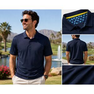 Men’s XL Viral TikTok Polo Navy Blue Palm Tree Trim Performance Golf Shirt NWT